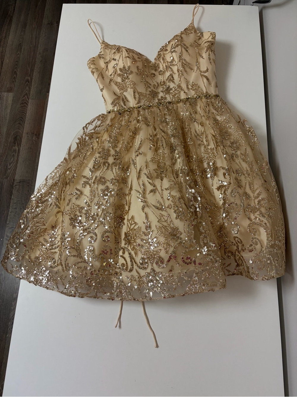 Girls Sparkle Gold Graduation Dress with Floral Sequin Overlay
